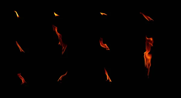 Set di fiamme isolate su sfondo nero — Foto Stock