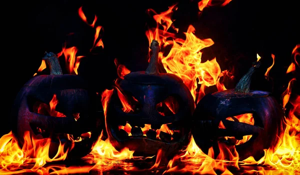 Il concetto di Halloween. Albero male terribile zucche sta bruciando — Foto Stock