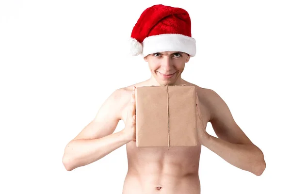Stylowe facet w santa hat obchodzi Boże Narodzenie i nowy rok — Zdjęcie stockowe