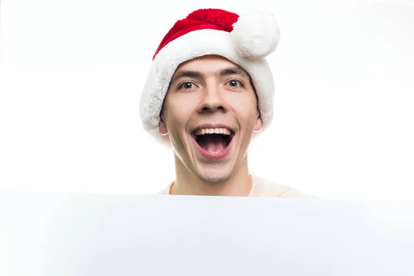 Verkoop van Kerstmis, Nieuwjaar kortingen en poster. Verrast Man — Stockfoto