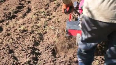 Bir adam bir çiftçi bir banliyö bölgesinde bir sebze bahçesi, kil ve toprak atma, el ile motor pulluk bir Kültüvatör ile kara pulluklar. Bir traktör Kültivatör Close-Up