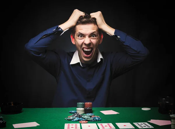 Man is playing poker. Emotional fail in game, game over for card — Stock Photo, Image