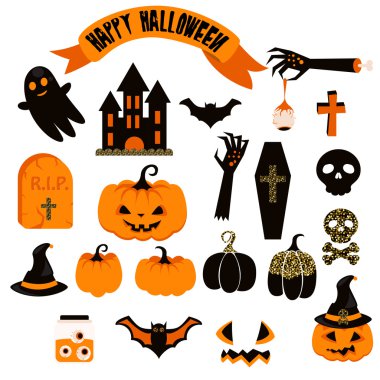 Cadılar Bayramı vektörel clipart ayarlayın. Ürkütücü kabak simgeler.