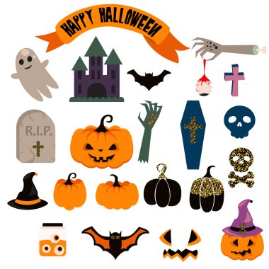 Cadılar Bayramı vektörel clipart ayarlayın. Ürkütücü kabak simgeler.