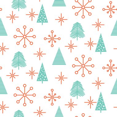 Noel ağaçları ve kar taneleri sorunsuz vektör desen.