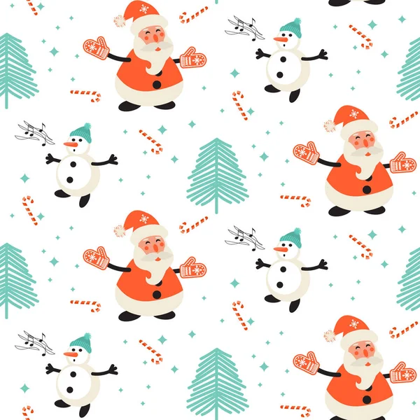 Feliz Papá Noel y patrón de muñeco de nieve cantando . — Vector de stock