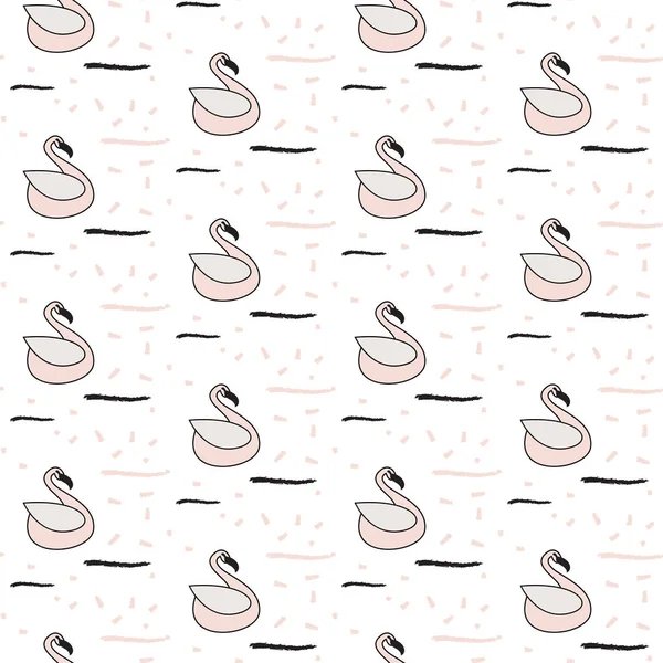 Pink swan seamless white pattern. — Stock Vector