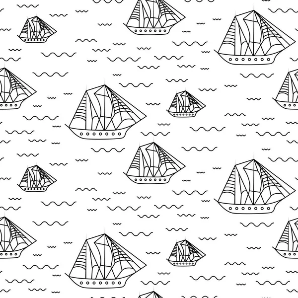Patrón vectorial de contorno sin costura del barco de vela en estilo doodle . — Vector de stock