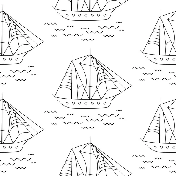 Sailing boat seamless outline vector pattern in doodle style. — Stock Vector