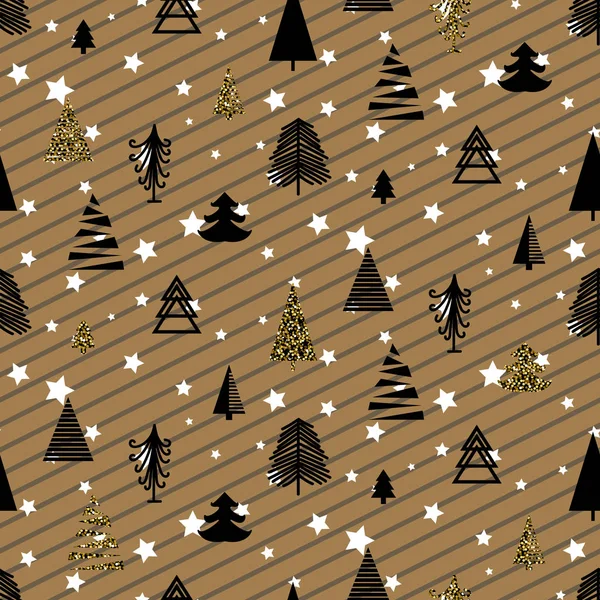 Zlatá a černá vánoční zimní lesy bezešvé vzor. — Stockový vektor