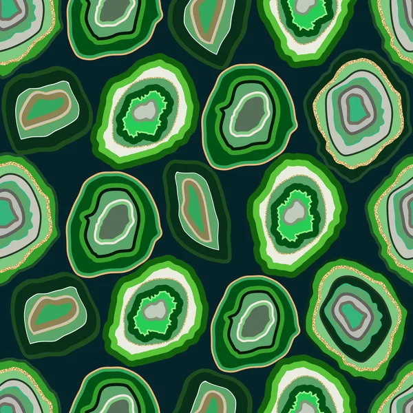 Vecteur vert agate cristal motif sans couture sur émeraude. Une tranche de géode minéraux de pierre ou d'oeuf de tonnerre . — Image vectorielle