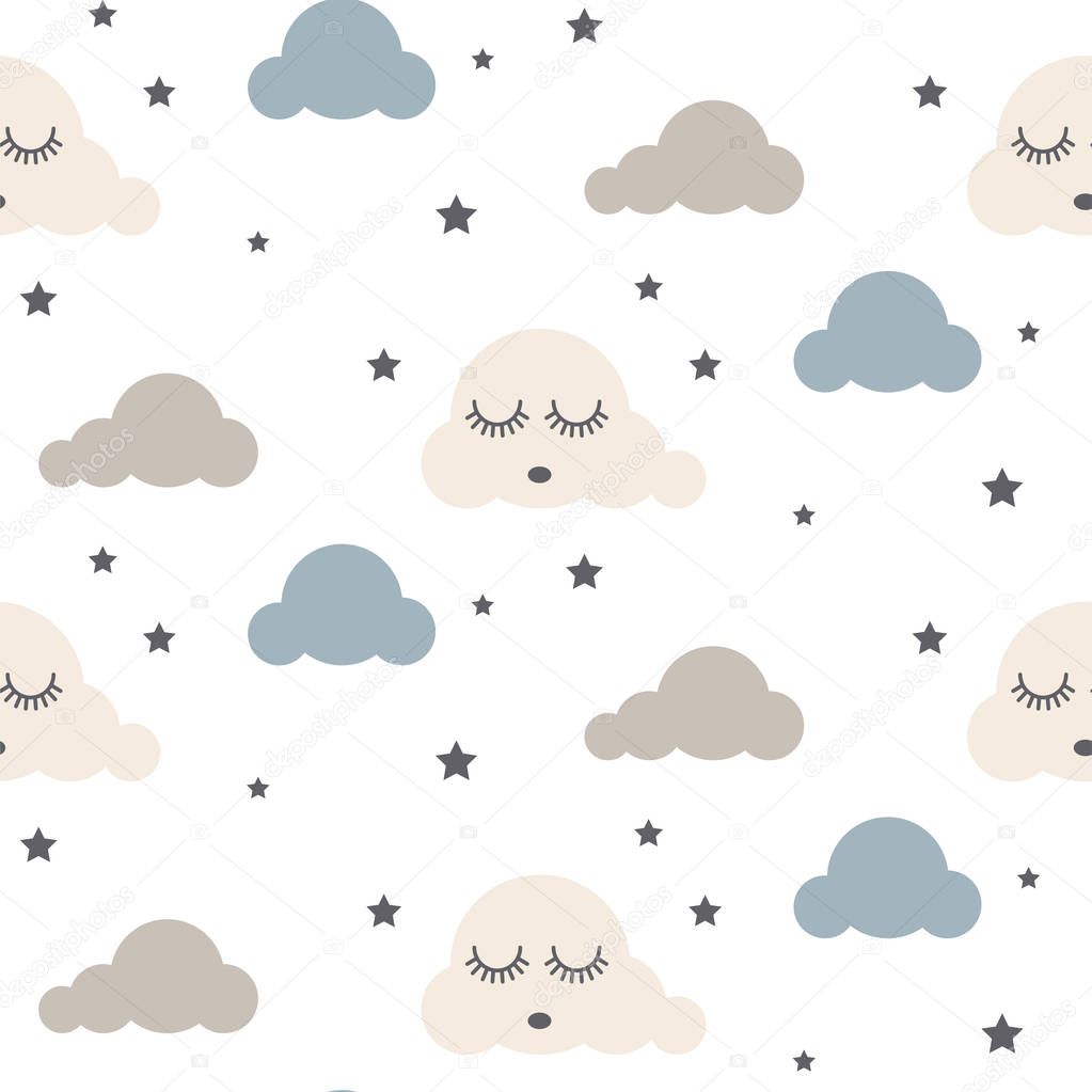 Sleepy clouds seamless vector pattern.