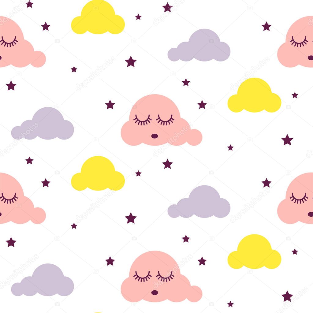 Sleepy clouds girlish seamless vector pattern.