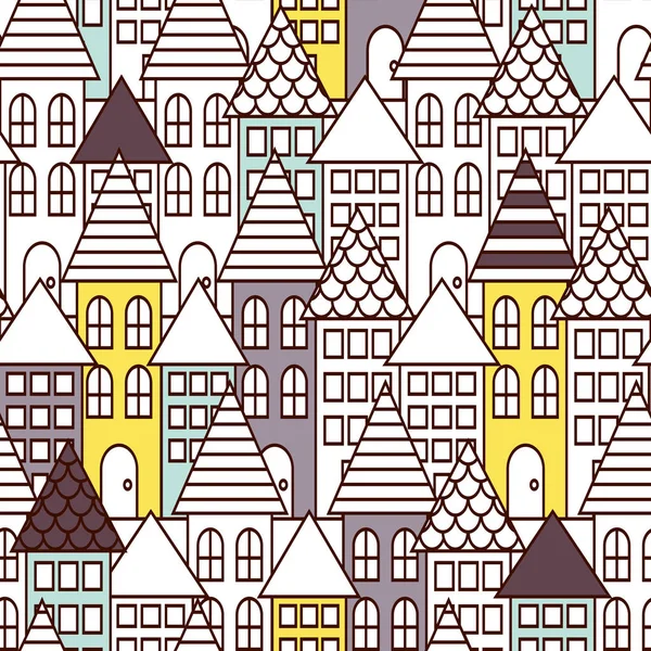 Esquema parcialmente coloreado ciudad patrón sin costura . — Archivo Imágenes Vectoriales