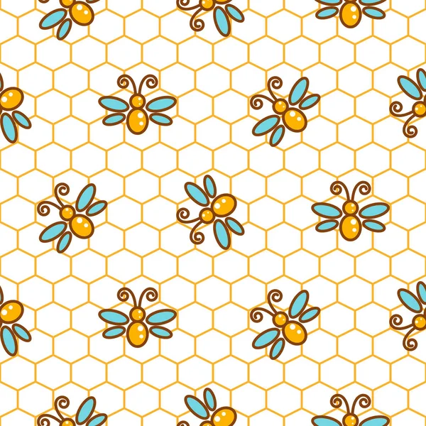 Patrón de panal y abejas línea vector fondo . — Vector de stock