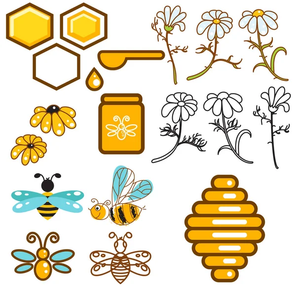 Honigbiene und Blumen Bienenhaus Vektor Icon Set. — Stockvektor