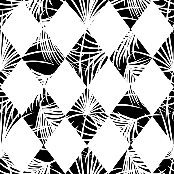 Harlequin rhombs en palm bladeren naadloze vector patroon. — Stockvector