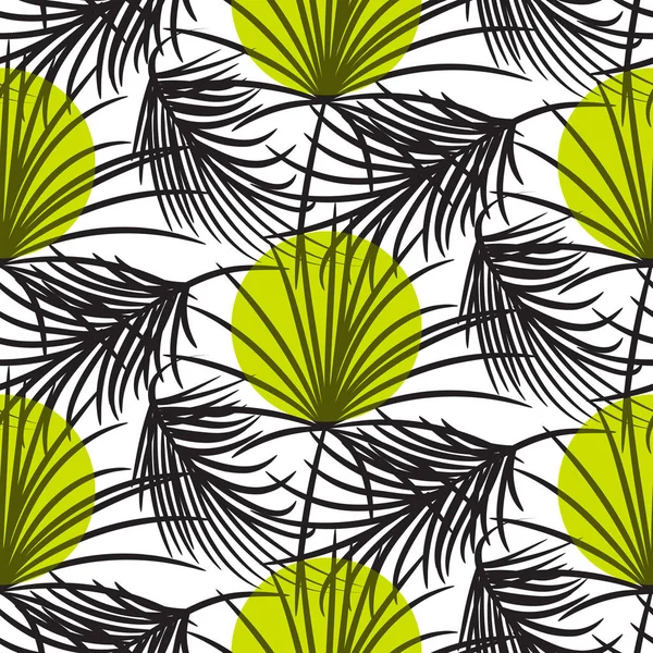 Gray palm leaves with green dots seamless vector pattern. — Stock Vector