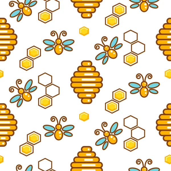 Vespiary and bees seamless vector outline pattern. — Stock Vector