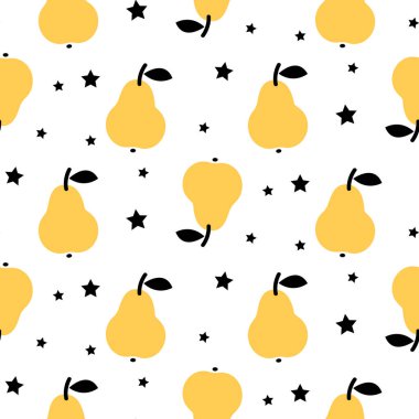 Sarı armut sorunsuz vektör desen beyaz arka planda yıldızlarla.