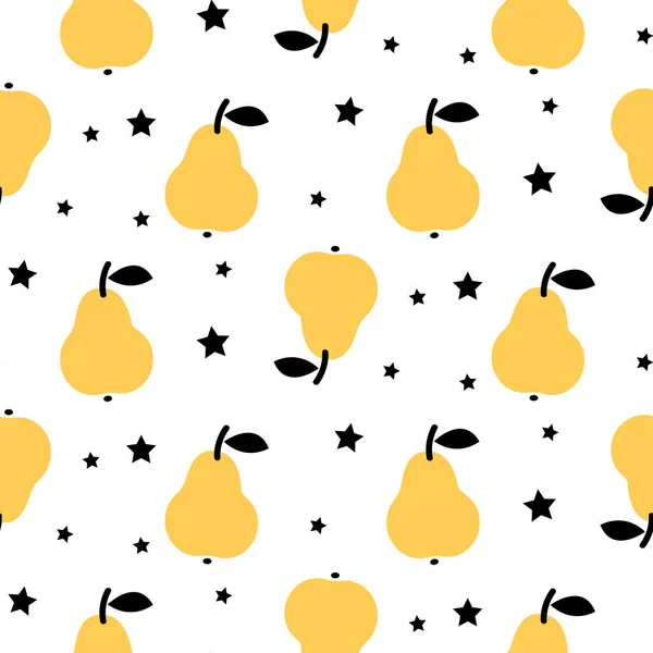 Gele peren naadloze vector patroon met sterren op witte achtergrond. — Stockvector