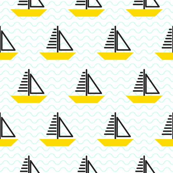 Sailing ship seamless kid vector pattern in scandinavian style. — Stock Vector