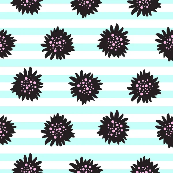 스트라이프 블랙 굵게 florals 원활한 패턴. — 스톡 벡터