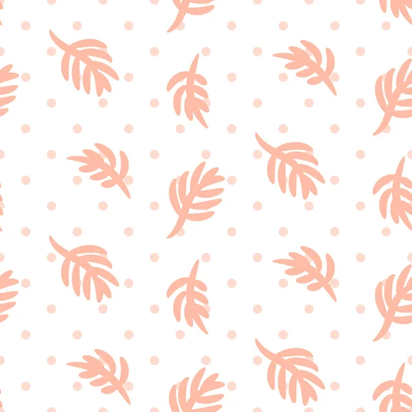 Pink palm leaves on polka dot white seamless vector pattern. — Stock Vector