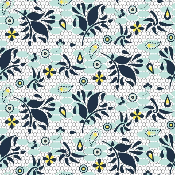 Encaje floral azul malla vector patrón sin costuras . — Archivo Imágenes Vectoriales