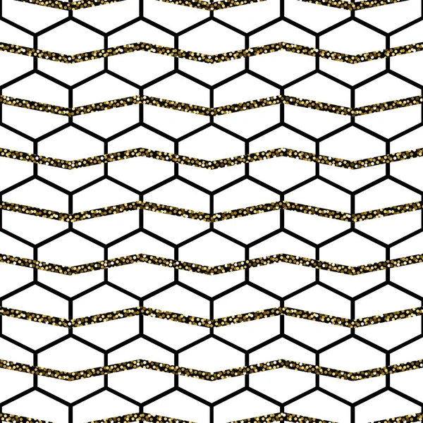 Honey comb cells vector gold glitter seamless pattern. — Stock Vector
