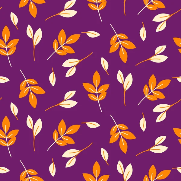 Rustic fall orange leaves seamless purple pattern. — Stock Vector
