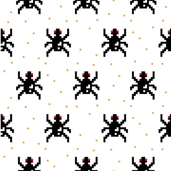 Siyah örümcek karikatür piksel sanat seamless modeli. — Stok Vektör