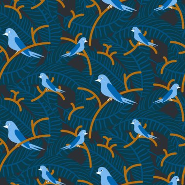 Kuşlarda dalları ile yoğun yaprakları mavi koyu model sorunsuz vektör.