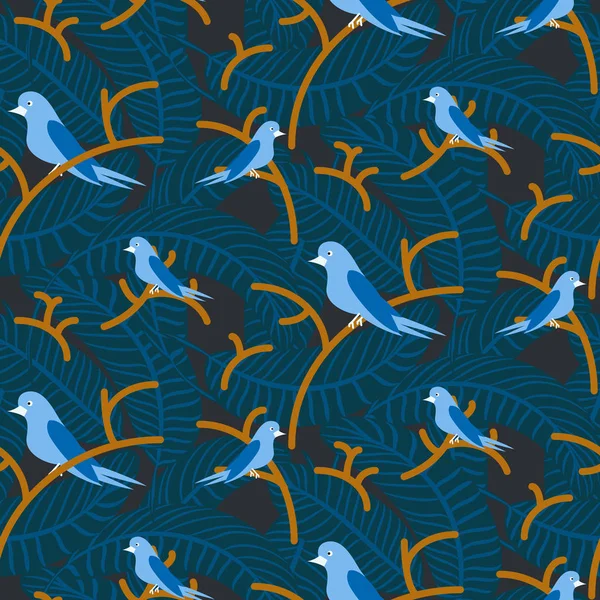 Aves em ramos com folhas densas azul escuro padrão vetor sem costura . —  Vetores de Stock