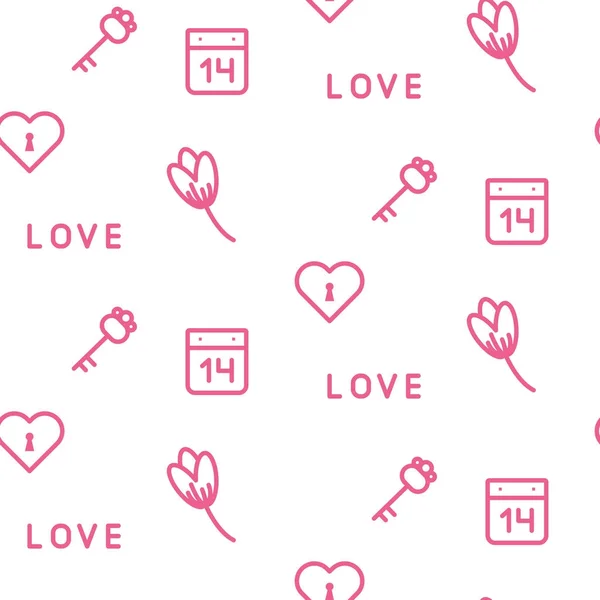 Llaves de color rosa y flores patrón de vectores sin costura en blanco. Diseño romántico de papel de valentín . — Archivo Imágenes Vectoriales