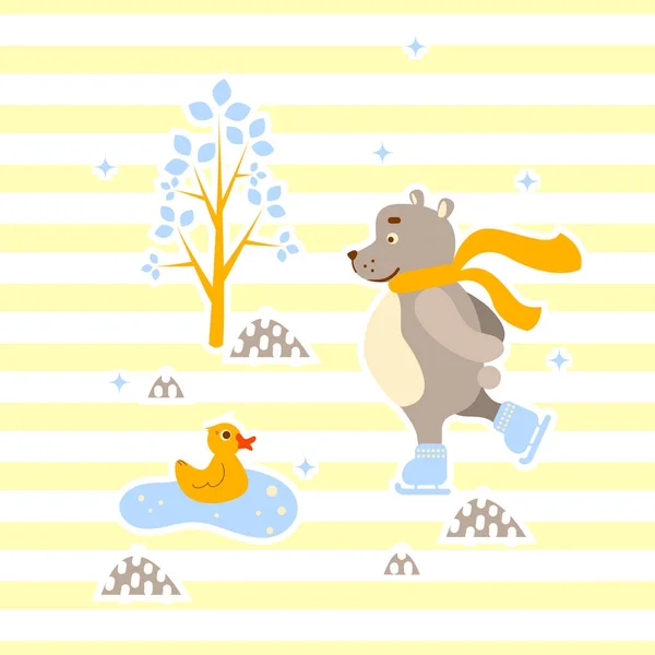 Cute beruang dan bebek teman es skating vektor ilustrasi untuk cetak . - Stok Vektor