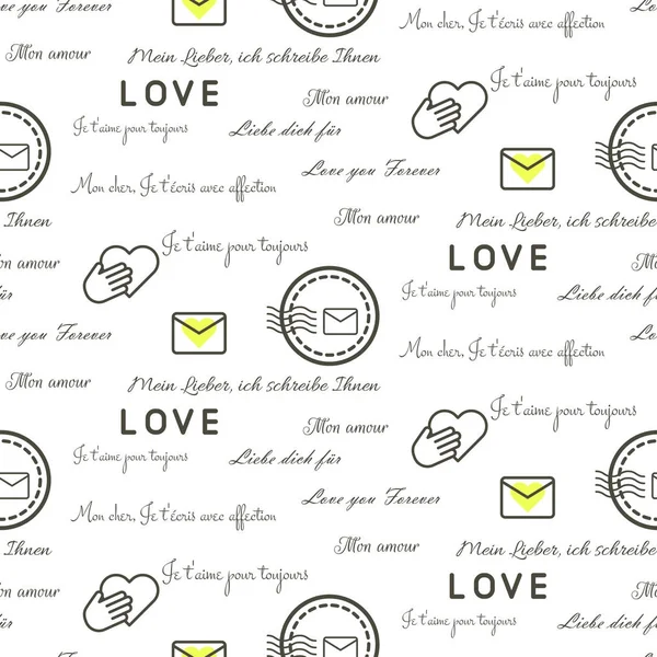 Letras de amor patrón de vectores sin costura en blanco. Diseño romántico de papel de valentín . — Archivo Imágenes Vectoriales