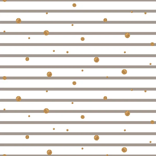 Striped beige and white seamless pattern with golden shimmer polka dots. — Stock Vector