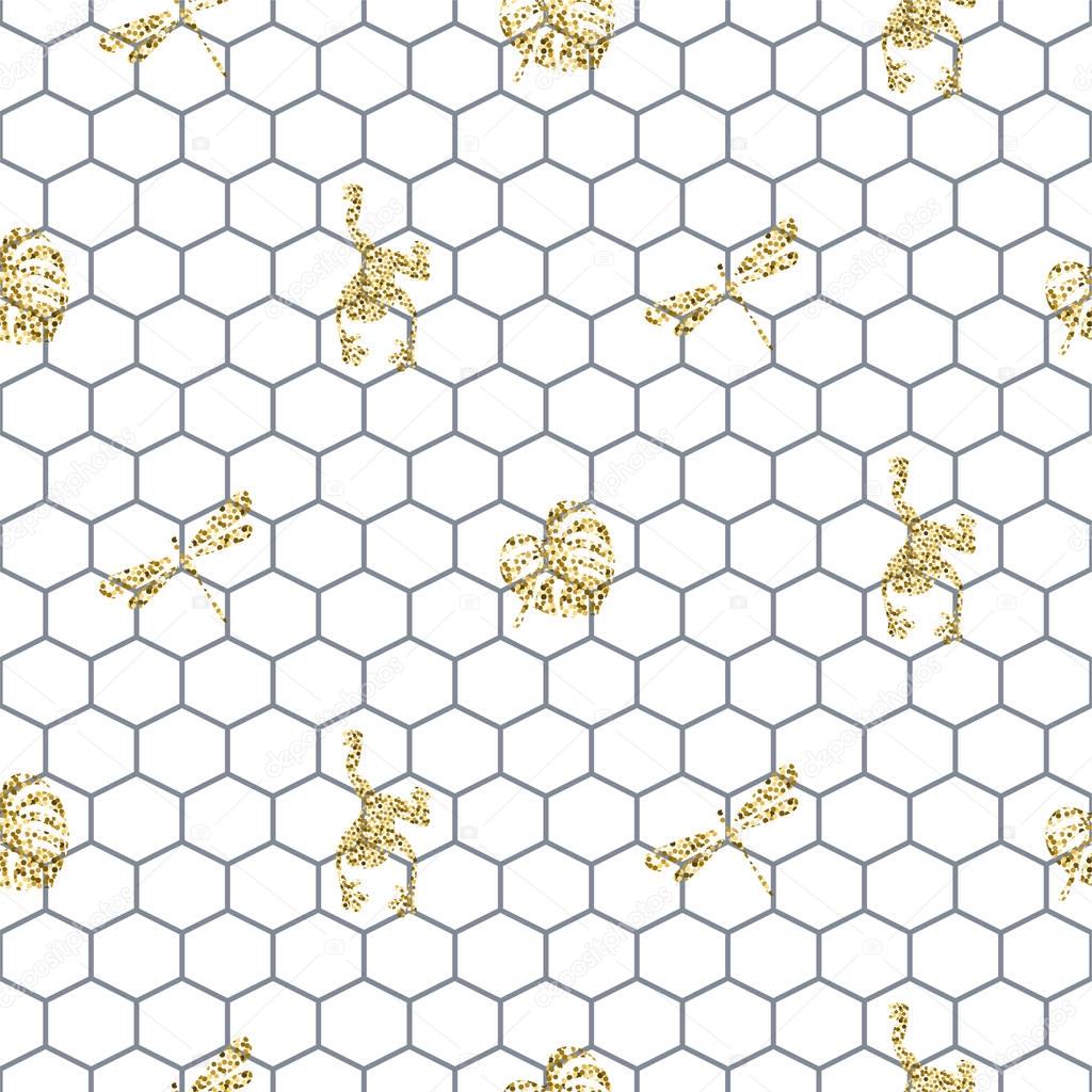 Netting outline seamless pattern with gold glitter insects.