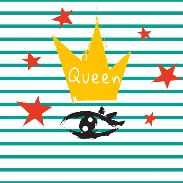 T shirt queen crown and eye striped print design. — Stock Vector