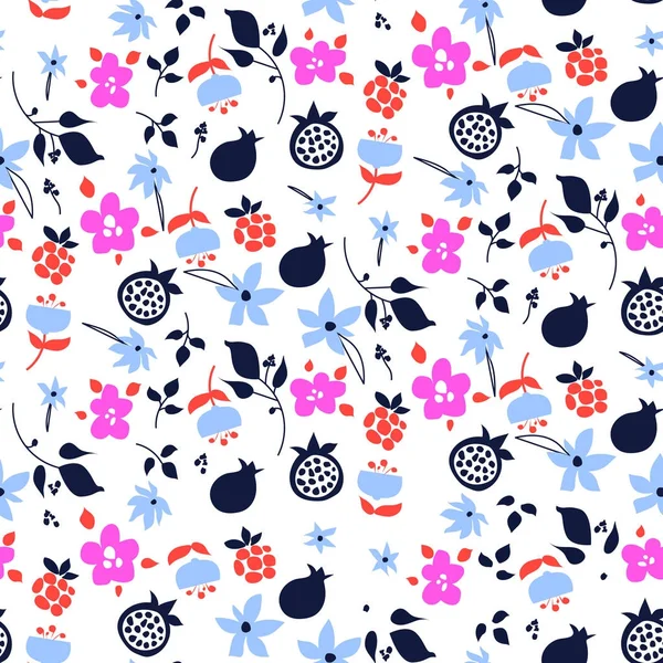 Millefleur flowers and fruits pink purple abstract seamless pattern. — Stock Vector