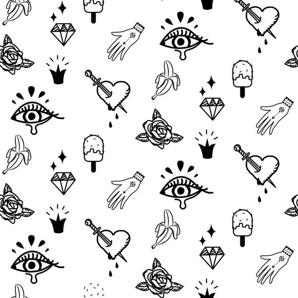 Doodle hipster flash tatuagem estilo padrão vetor sem costura . —  Vetores de Stock