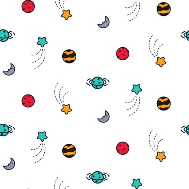 Doodles'ın gezegeni kozmik sorunsuz vektör desen.