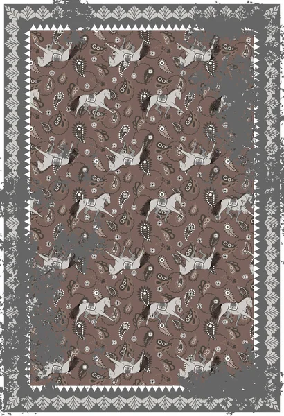 Caballo y paisley gris vector marrón alfombra diseño . — Vector de stock