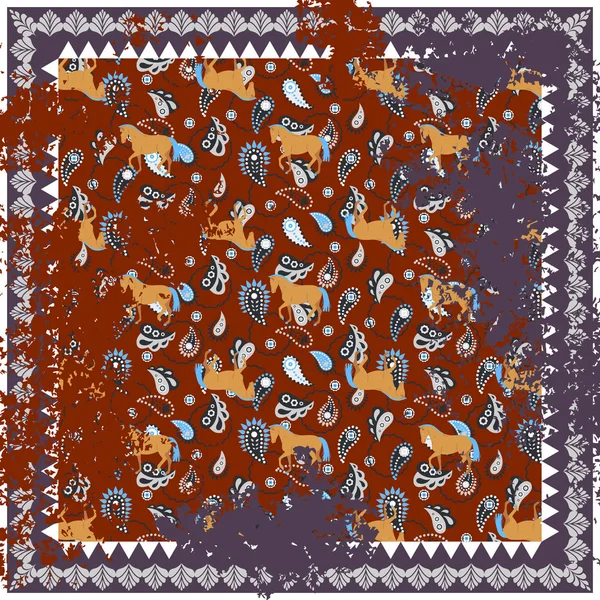 Horse and paisley rough rug vector square design. — Stock Vector