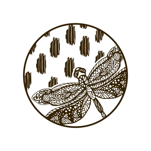 Dragonfly mano dibujado silueta placa redonda diseño . — Vector de stock