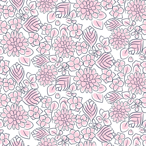 Handdrawn 꽃 조밀한 핑크 라인 완벽 한 패턴. — 스톡 벡터