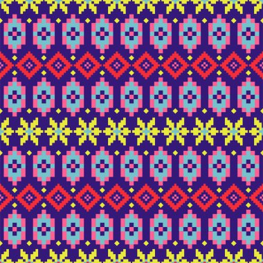 Geometrik halk desensiz renkli pikselli şekiller dokusu.