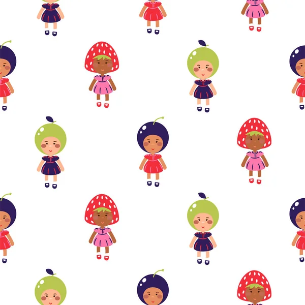 Costumed barn vektor tecknad sömlös mönster. Barn i fruktdräkt. — Stock vektor