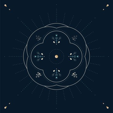 Dekoratif Rosette amblem ögesi. Damgalama veya paketleme için dairesel çiçek çizgisi tasarımı.